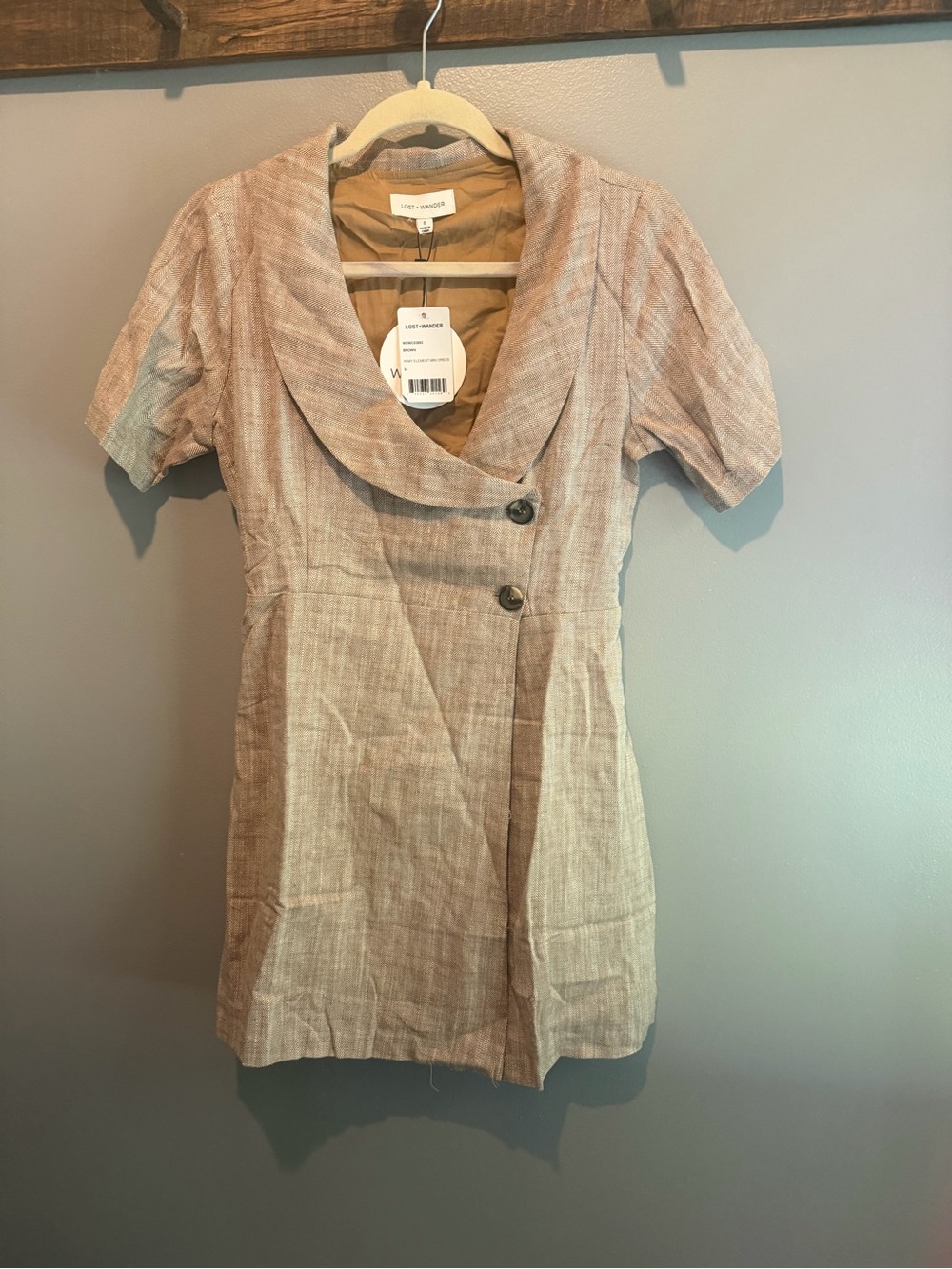 Lost + Wander Beige Short Sleeve Wrap Mini Dress